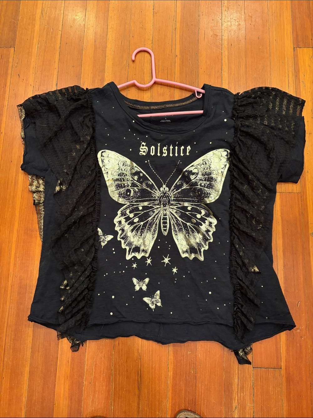 Solstice Black Tee with Metallic Gold Butterfly Graphic L